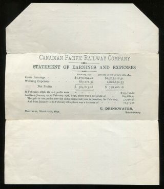 Canada Postal Stationery - Montreal 1897 CPR Railway Earnings Report - WRAPPER 2