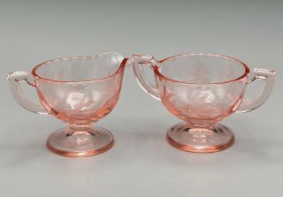 Pink Depression Glass Etched Sugar And Creamer