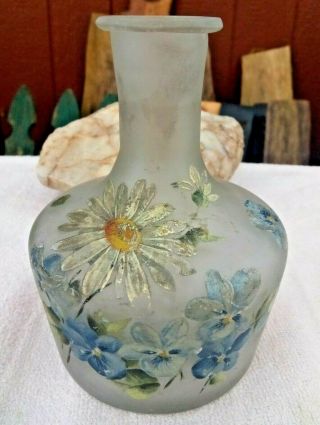 Vintage Frosted Satin Glass Bud Vase With Blue &gray Flowers/daisy 