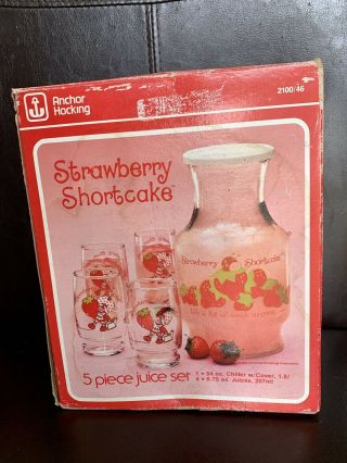 Vintage Anchor Hocking Strawberry Shortcake 5 Piece Juice Set W Orig Box