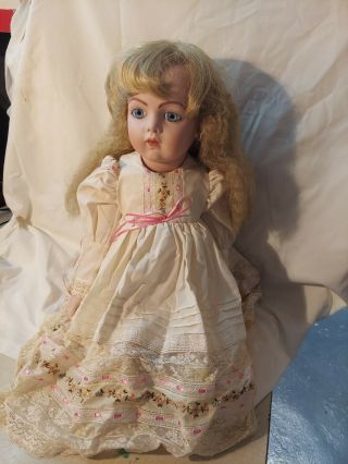 Vintage Antique Ball Jointed Blond Porcelain Blond Doll In White Dress W/ Pink