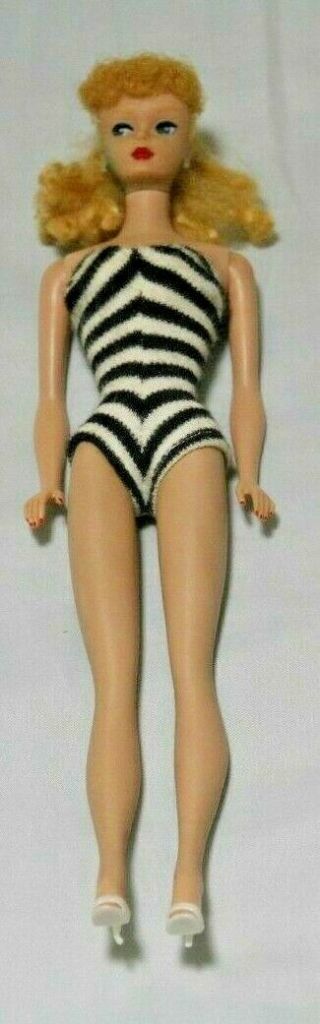 1961 Blonde 5 Ponytail Barbie Doll Vintage Black Swimsuit White Shoes Ex