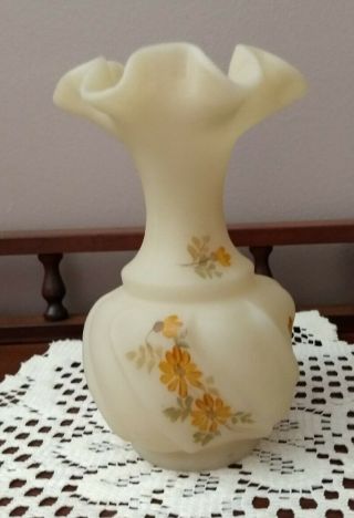 Vintage Fenton Hand Painted Custard Glass Satin Vase Yellow/gold Flowers