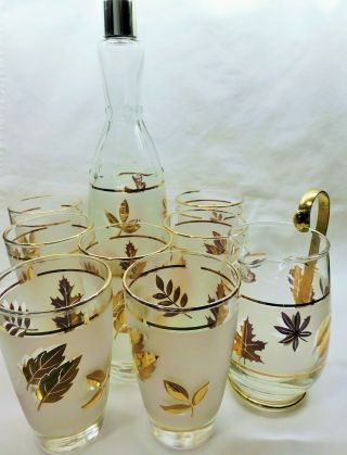 Vintage Mid Century Modern Libbey Gold Foliage Set Decanter,  Pitcher,  7 Glasses