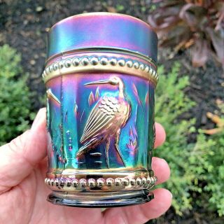 Dugan Antique Carnival Glass Blue Stork & Rushes Tumbler Tough To Find