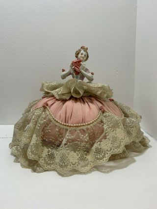 Vintage German Porcelain Half Doll Dancer Pin Cushion Music Box China