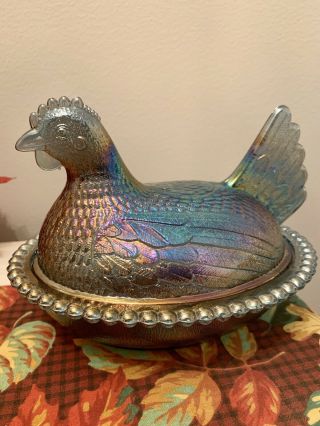 Indiana Blue Hen On Nest Carnival Glass Candy Dish