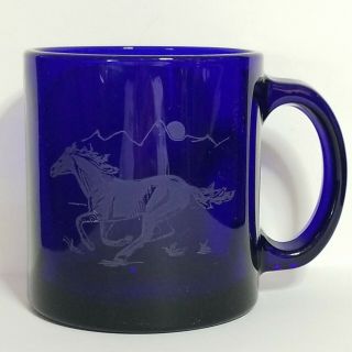 Cobalt Blue Glass Coffee Mug Cup W/etched Running Horse Made In Usa
