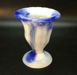 Vintage Akro Agate Blue White Marbled Glass Hand Toothpick Or Match Holder Slag
