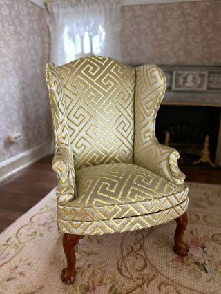 Vintage Miniature Dollhouse 1:12 Holiday Gold Silk Upholstered Wing Back Chair