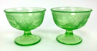 Set Of 2 Vintage Federal Green Depression Glass Georgian Lovebirds Sherbert Dish