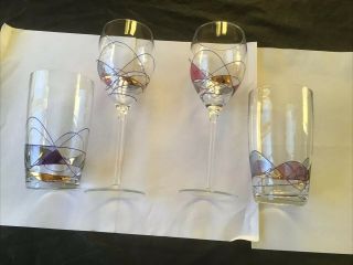 4 Unbranded Unusual Hand Decorated Glasses 2 Wine And 2 Tumblers