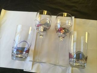 4 Unbranded Unusual Hand Decorated Glasses 2 Wine and 2 Tumblers 2