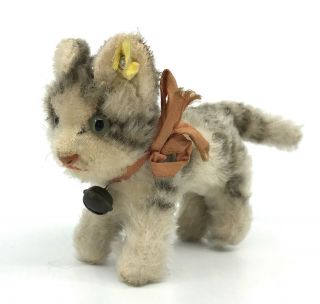 Steiff Tabby Cat Mohair Plush Standing 10cm 4in Id Button Tag 1960s Jingle Bell