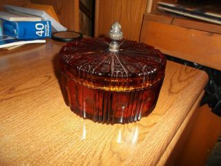 Vintage Indiana Glass Amber Covered Candy Dish Round