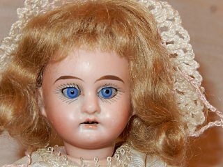 Antique All Bisque German 7 - 1/2 " Doll,  Sleep Eyes,  Open Mouth W Teeth,  Glued Wig