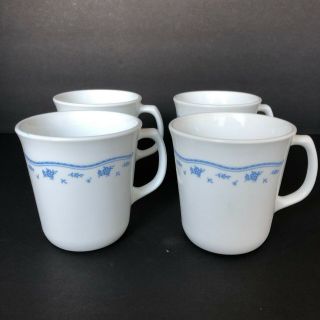 Vintage Corning / Corelle  Morning Blue  4 Coffee Cups White/blue Flowers Usa