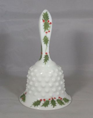 Fenton White Milk Glass Hobnail Bell Hand Painted Holly Signed Cain Metal Ringer