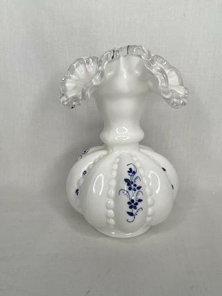 Fenton Art Glass Hand Painted By D Anderson Beaded Melon Vase On Silver Crest
