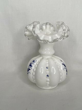 FENTON ART GLASS HAND PAINTED BY D ANDERSON BEADED MELON VASE ON SILVER CREST 3