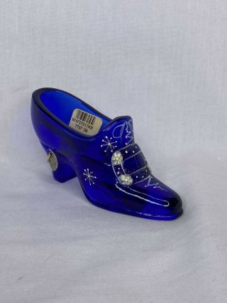 Fenton Art Glass Hand Painted By S Hughes Cobalt Blue Slipper Shoe