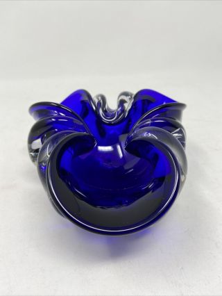 Vintage Cobalt Blue Murano Style Art Glass Bowl Ash Tray Candy Dish