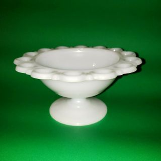 Vintage Anchor Hocking Open Lace Edge White Milk Glass Compote Candy Dish Bowl