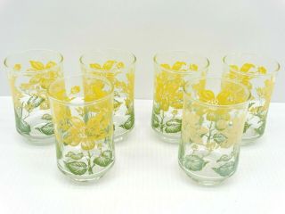 Set Of 6 Vintage Libby Juice Glasses Yellow Flower 3.  75 " Tall Vgc