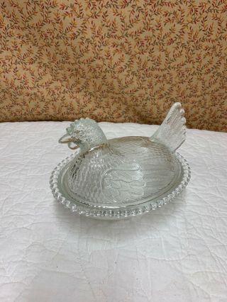 Vintage Indiana Glass Clear Chicken Hen On Nest Covered Dish