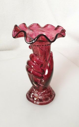 Vintage 6 " Cranberry Glass Hand Holding Torch Vase