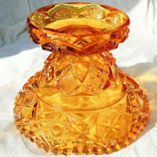 Vintage Kemple Yutec Amber Glass Punch Bowl Stand Stars Sawtooth Scalloped Base
