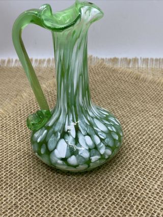 Vintage Small Hand Blown Green Glass Vase Pitcher With Handle 4.  5 Inches Tall