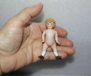 Antique All Bisque Molded Hair String Jointed 3 1/4 " German Boy Mignonette Doll