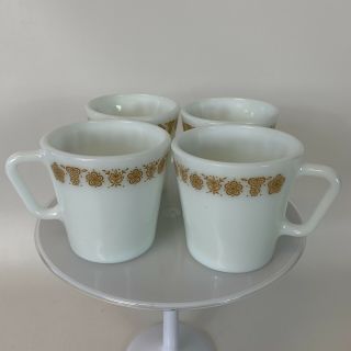 Set Of 4 Vintage Pyrex Corning Coffee Cups Mugs Butterfly Gold D Handle