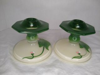 Vintage Green Glass Candlestick Holders Hand Painted
