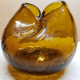 Vintage Hand Blown Blenko Pinched Amber Glass Vase Crackled Glass 4” Tall