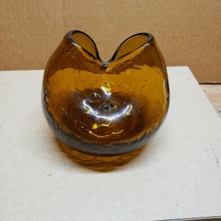Vintage Hand Blown Blenko Pinched Amber Glass Vase Crackled Glass 4” Tall 2