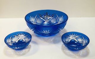 3 Cristal D’arques Sapphire Blue Cut To Clear Crystal Bowls / Salt Cellars