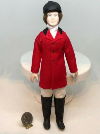 Dollhouse Miniature Vintage Artisan Porcelain Doll In Red Jockey Apparel 1:12