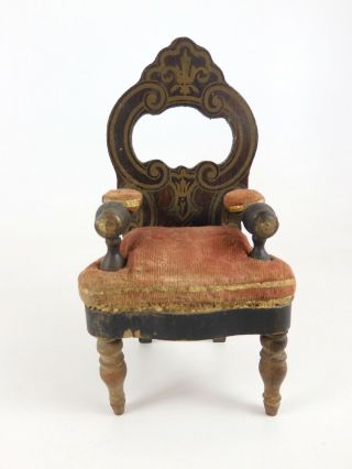 Antique Biedermier Japanned & Gilded Upholstered Arm Chair Dollhouse Miniature