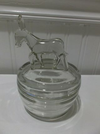 Vtg Jeannette Clear Depression Glass Powder Jar/trinket Dish With Donkey Lid