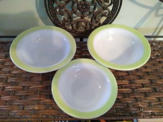 3 Vintage,  Rare,  Pyrex " Lime Green & White " Milk Glass Soup/cereal Bowls