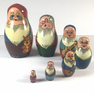 Vintage Hand Painted Wooden Nesting Doll Set Of 7 Disney The 7 Dwarfs 5.  75 " Ooak