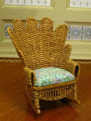 Bjr Natural Wicker Rocking Chair Upholstered Artisan Dollhouse Miniature
