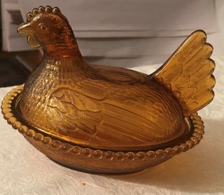 Vintage Indiana Glass Amber Hen On Nest Candy Dish