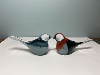 2 Birds Hand Blown Art Glass Figurines Orange And Gray Hollow
