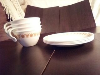 Set Of 4 Corelle Butterfly Gold Hook Handle Stackable Coffee Cups & Saucers