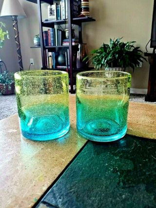 Hand Blown Art Glass Tumblers,  Set Of 2,  Blue And Yellow With Bubbles,  Awesome