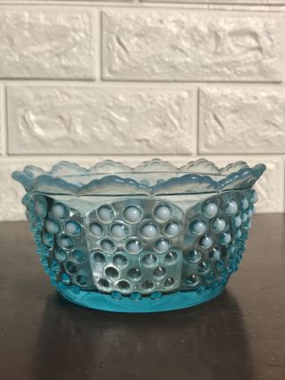 FENTON BLUE OPALESCENT HOBNAIL COVERED CANDY DISH NO LID 3