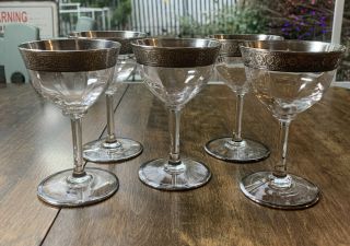 Set Of 5 Vintage Silver Rimmed Clear Glass Cordials Tiffin?